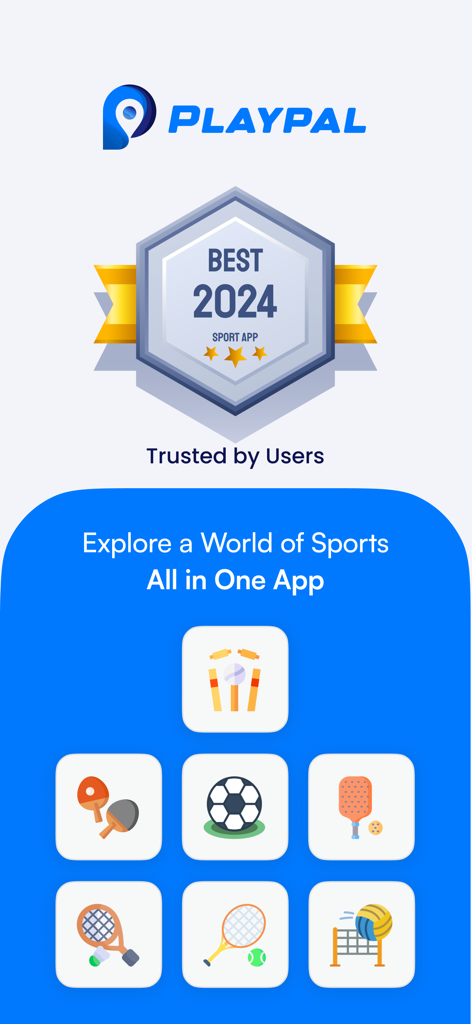 PlayPal Sports - PlayPal Sports app interface showing the Best 2024 Sport App award and icons for various sports like soccer tennis and pickleball