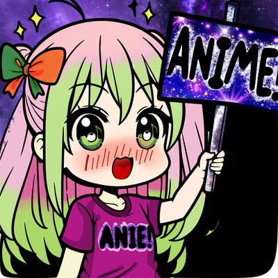 a girl holding a sign saying “ anime! “