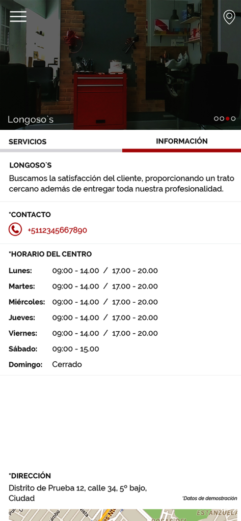 Bewe para clientes - Business information screen showing operating hours and contact details in the Bewe app