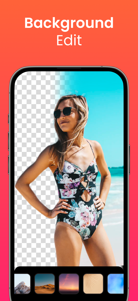 Retouch AI - Remove Objects - 해변에 있는 여성이 Retouch AI 앱에서 배경 제거 및 교체 기능을 사용하는 모습