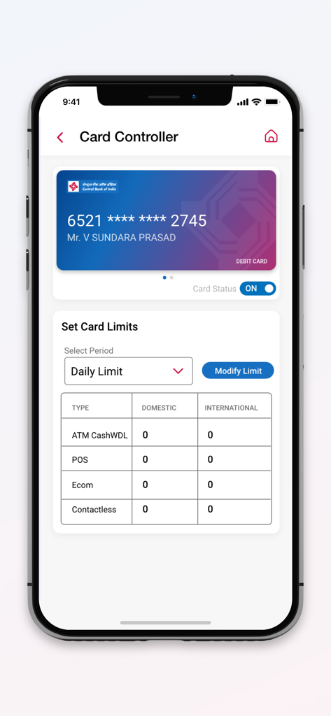 CentMobile - CentMobile app screen showing debit card status toggle and transaction limit settings for ATM and POS