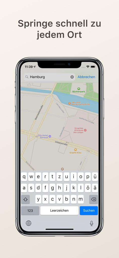 Screenshot der Public Bookshelf App zeigt eine Karten-Suchoberfläche für Hamburg mit einer geöffneten Tastatur