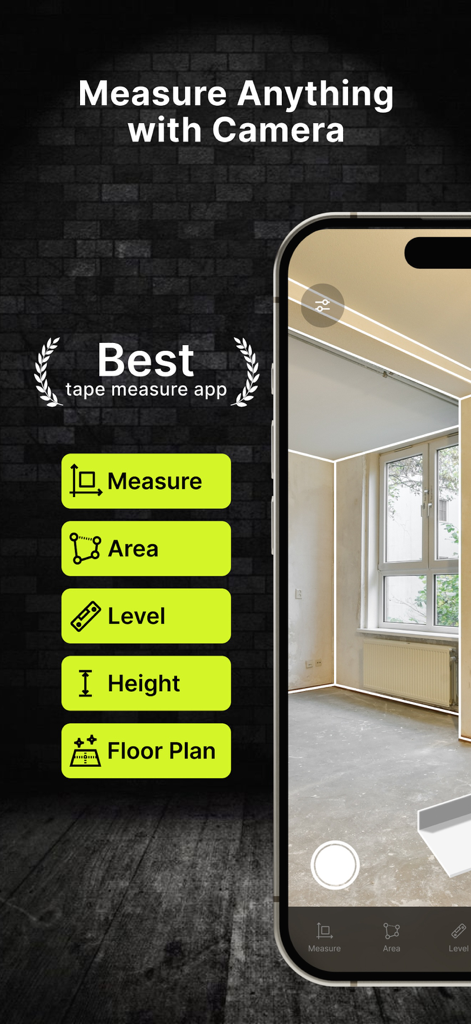 Digital Ruler app showing AR camera measurement features for area level height and floor plans