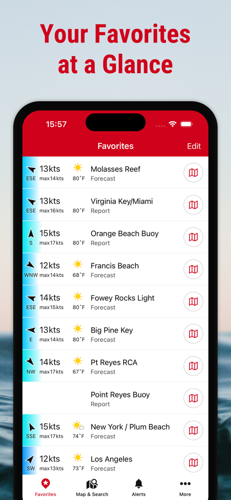 Windfinder: Wind & Weather map - Windfinder app interface showing a list of favorite coastal locations with wind and weather forecast data