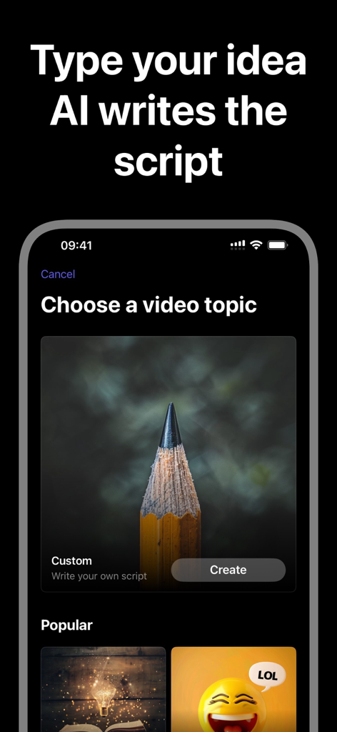 Faceless Video: AI Shorts - Mobile app screen showing the AI script generation feature for faceless videos with a topic selection menu.