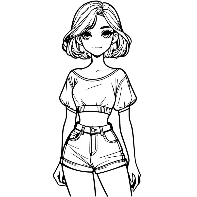 a realistic girl with her hair up in a crop top and shorts