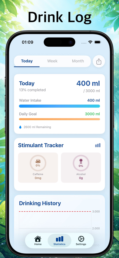 WaterUp app interface showing daily water intake progress and stimulant tracker