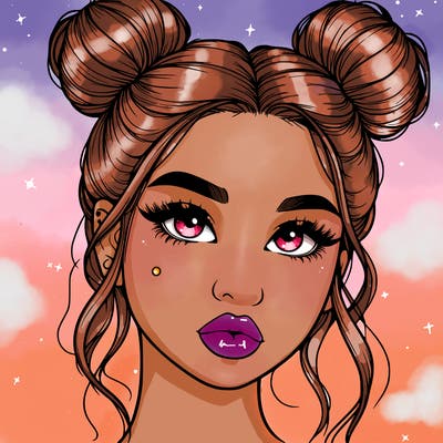realistic girl with two buns on her hair and lips