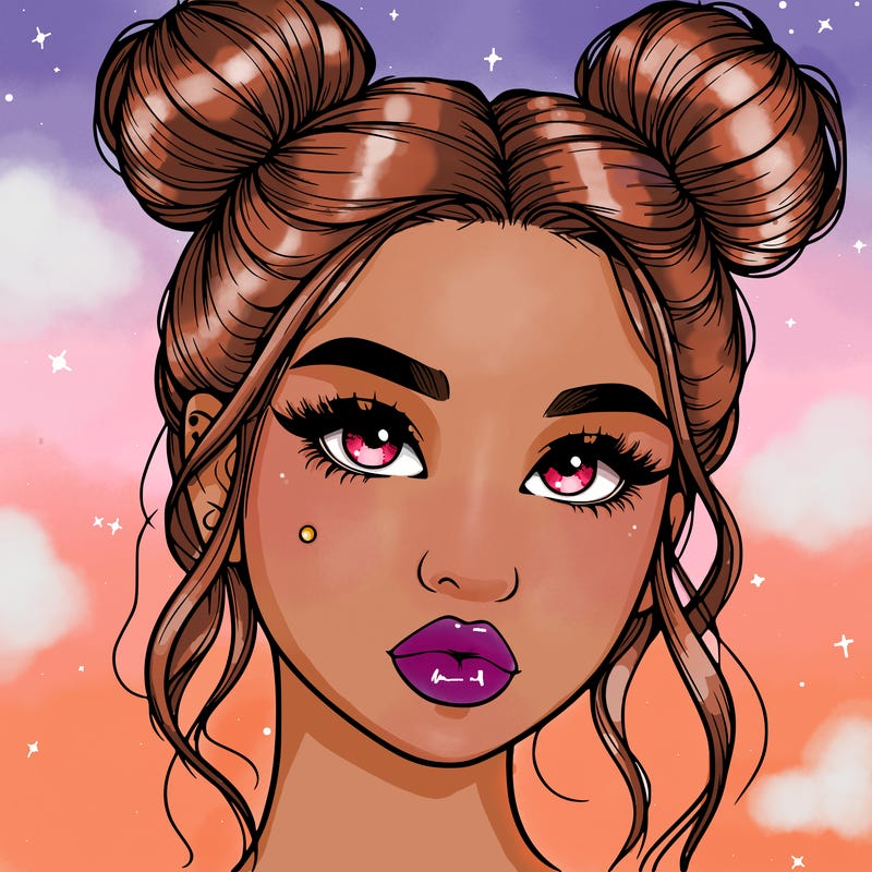 realistic girl with two buns on her hair and lips