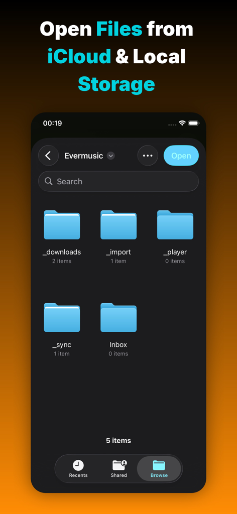 Evervideo: Play Any Video File - Evervideo app interface showing file browser with folders for iCloud and local storage
