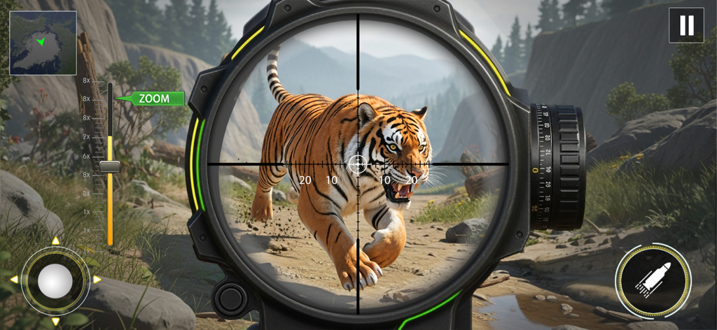 Wild Hunter 3D: Shooting Games - First person sniper scope view targeting a tiger in a wild mountain forest
