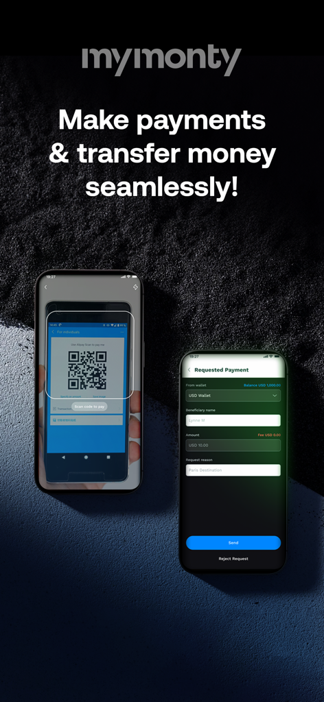 Pantallas de la aplicación móvil mymonty que demuestran pagos con código QR y transferencias de dinero solicitadas