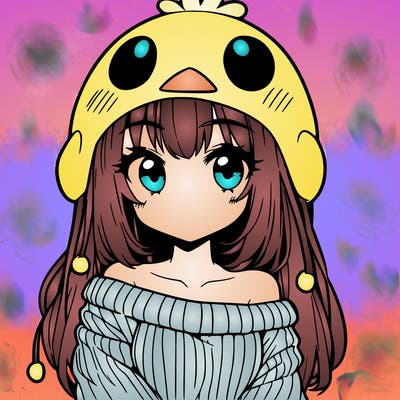 anime girl with chick shaped hat with sweater with bare shoulders with bangs covering them one eye with low tail