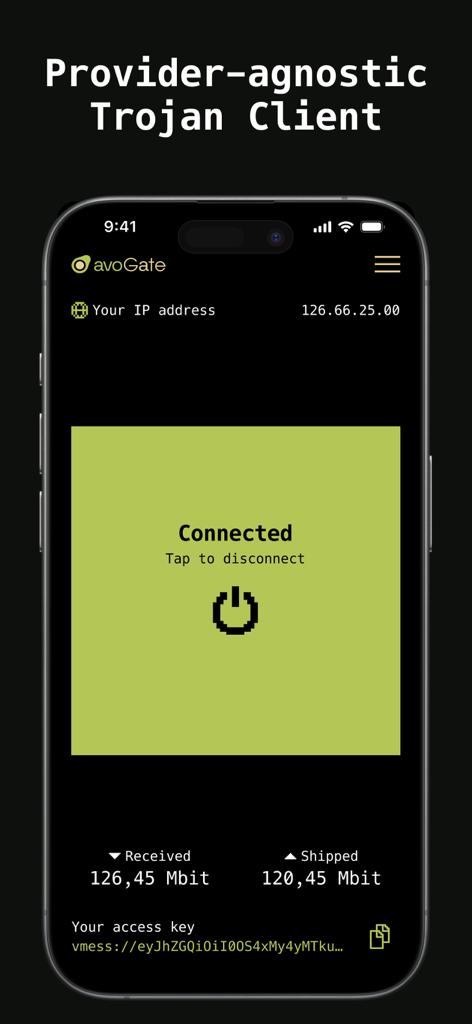 avoGate - Interface de l'application client Trojan avoGate montrant un état de connexion et des statistiques de données réseau.