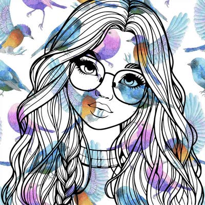 girl with long hair and freckles and glasses realistic