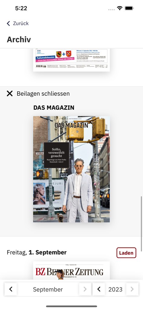 L'écran d'archives de l'application BZ Berner Zeitung E-Paper présentant des suppléments de magazine et des numéros passés.