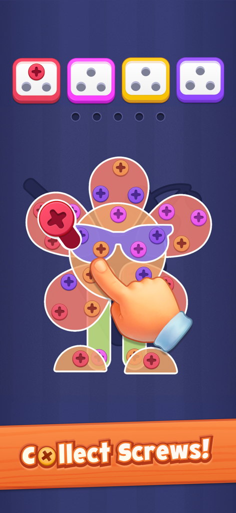 Happy Screw: Screw Out Puzzle - Uma mão tocando em um parafuso colorido no nível do quebra-cabeça do jogo mobile Happy Screw.