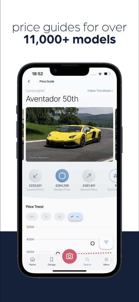 drivve | Collector Car Values - 람보르기니 아벤타도르의 시장 가치 및 가격 추세를 보여주는 모바일 앱 인터페이스