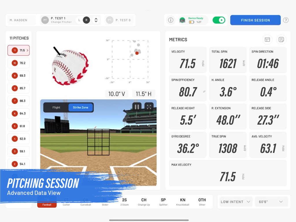 Rapsodo Baseball - ラプソド・ベースボールアプリのiPadスクリーンショット。トレーニングセッションの投球データメトリクス（速度、スピンレート、リリース角度など）が表示されます。