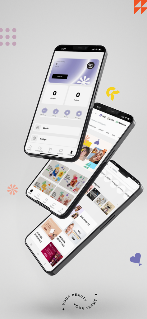 Tre telefoni cellulari che mostrano l'interfaccia dell'app di shopping di bellezza Feel22