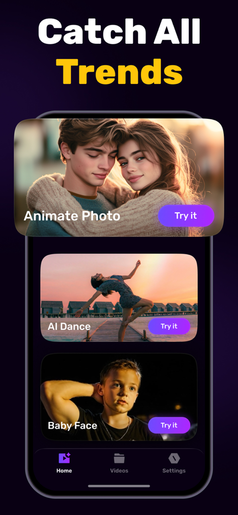 AI Effects Video Maker - Home screen of the AI Effects Video Maker app showing features to animate photos and create AI dance videos