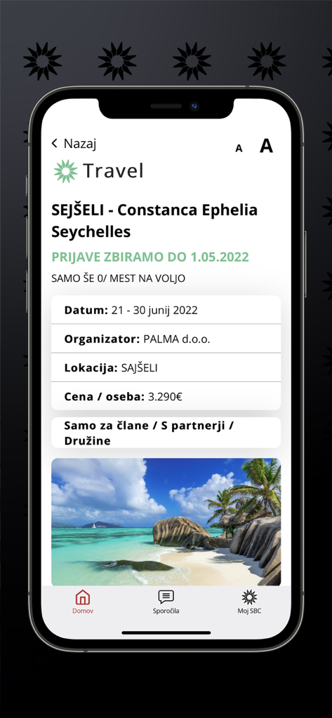 SBCA - Pantalla de la aplicación móvil para que los miembros de SBCA reserven unas vacaciones de lujo en Seychelles