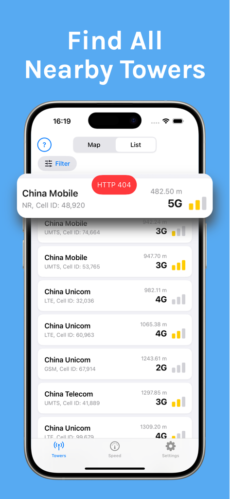 SignalSpot: Find Towers Near - A list of nearby cell towers in the SignalSpot app showing 5G 4G and 3G signal data and distances