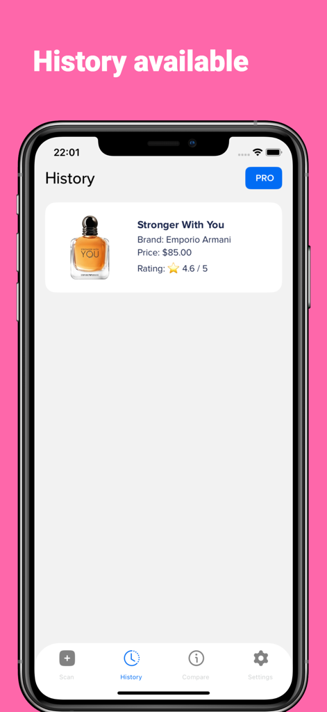 History screen of the AI Perfume Identifier app showing a scanned Emporio Armani fragrance with price and rating