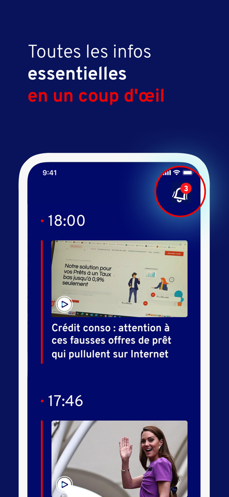 Application mobile TF1 INFO montrant un flux d'actualités avec des horodatages et une cloche de notification.