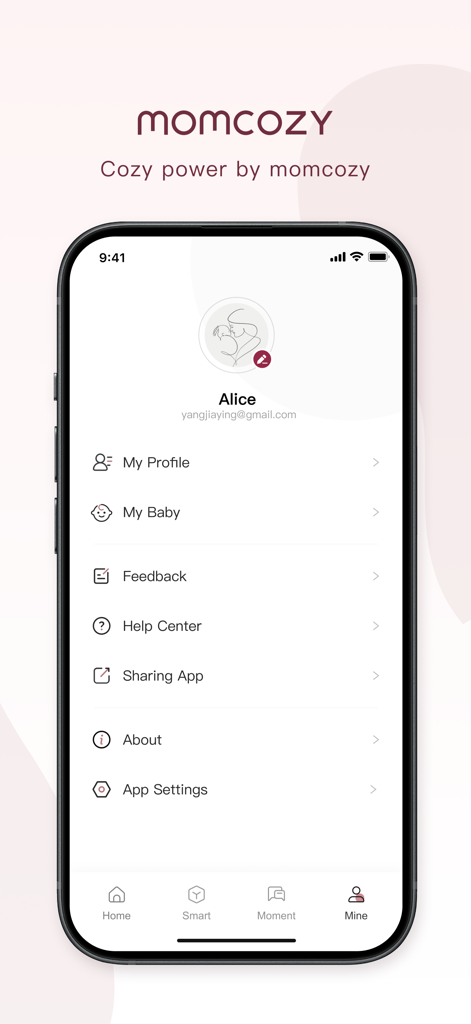Momcozy - User profile interface of the Momcozy app showing account settings and menu options