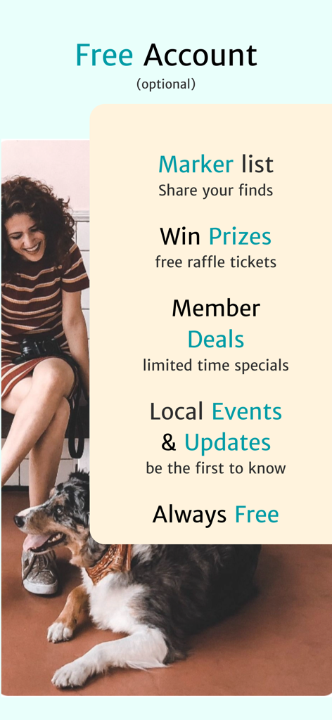 DogMap app screen highlighting free account benefits like prize raffles and member deals next to a woman and her dog