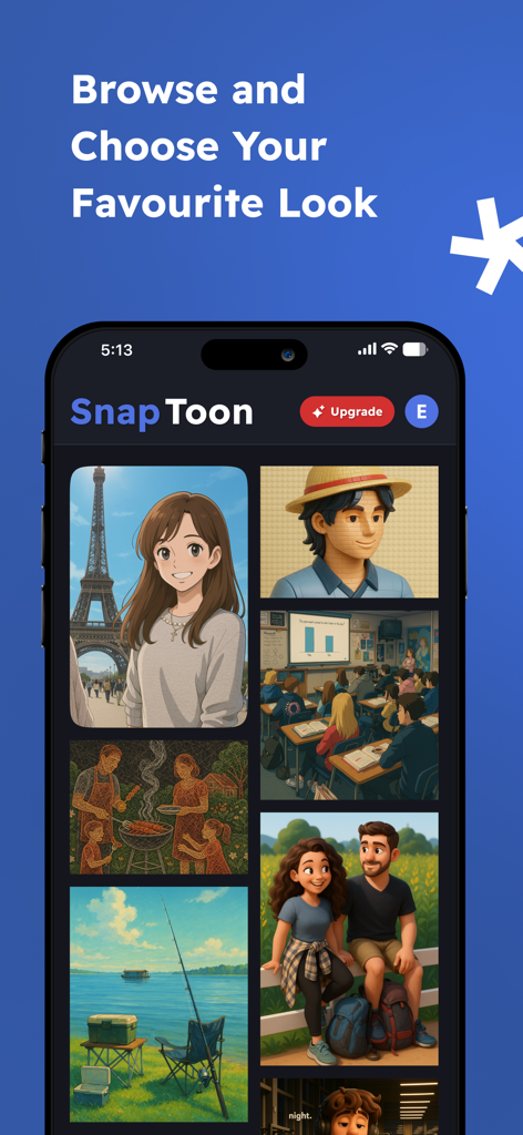 Snaptoon app screen showing different cartoon and anime photo styles