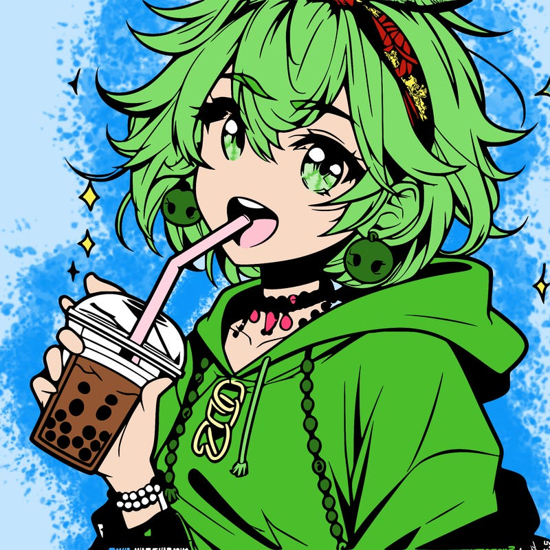 hot baddie anime girl drinking boba and biting the straw