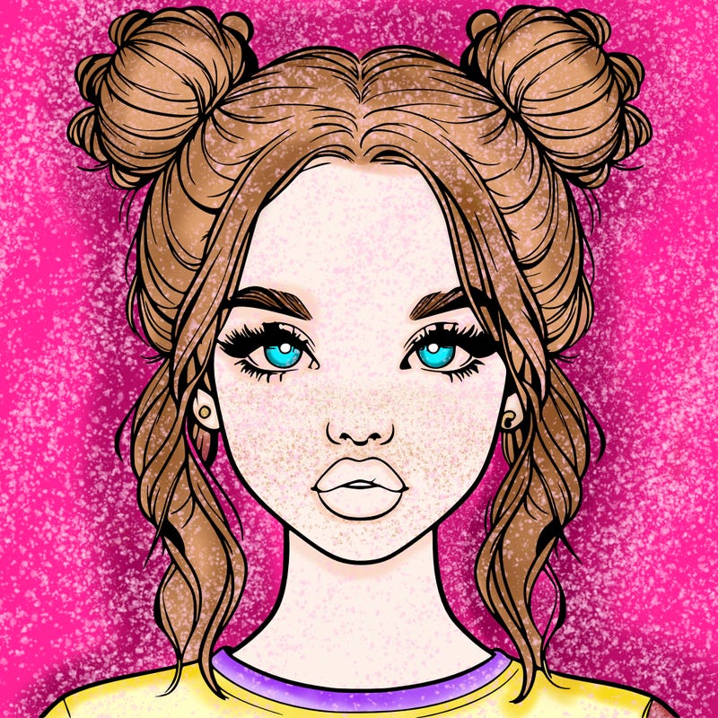 realistic girl with two buns in hair and lips