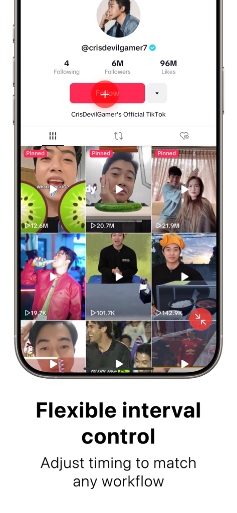 Auto Clicker: Automatic tap+ - An iPhone screen displaying an auto-clicker targeting a follow button on a TikTok profile with text highlighting flexible interval control.