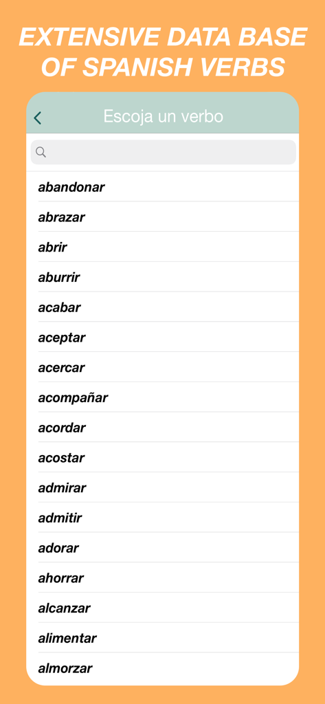 Spanish Verbs Quiz - Extensive alphabetical list of Spanish verbs in the Spanish Verbs Quiz app