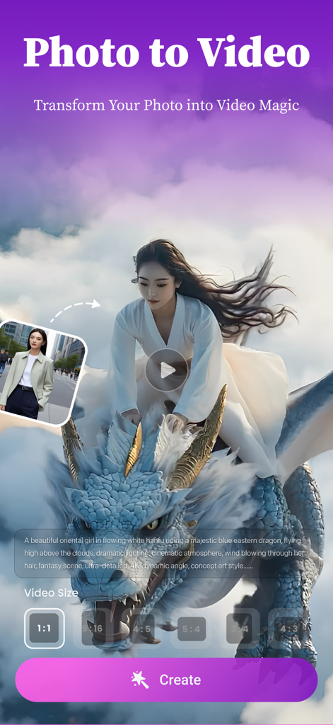 Pollo Max: AI ASMR Video Maker - Pollo Max app interface showing a photo being transformed into an AI generated video of a woman riding a dragon