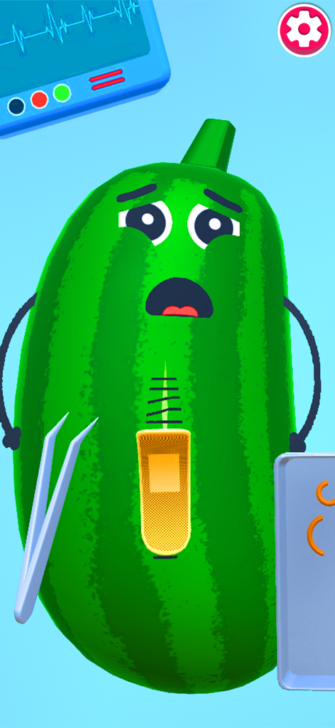 Fruit Doctor 3D: Fruit Clinic - 3D simulation of a cucumber patient receiving a bandage in Fruit Doctor 3D
