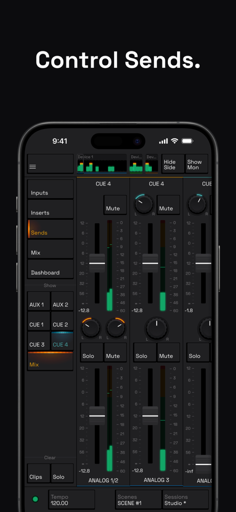 Console Remote Control - Professional audio mixing interface on iPhone for remote controlling sends and levels.