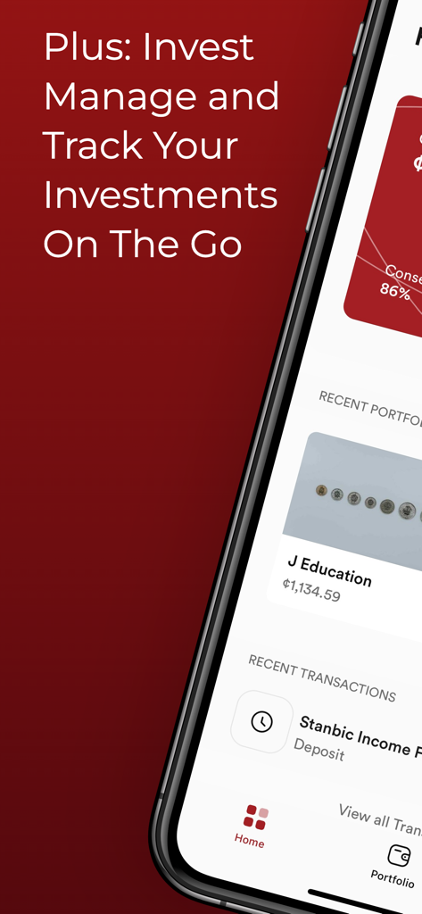 Plus Invest mobile application dashboard showing investment portfolios and transactions