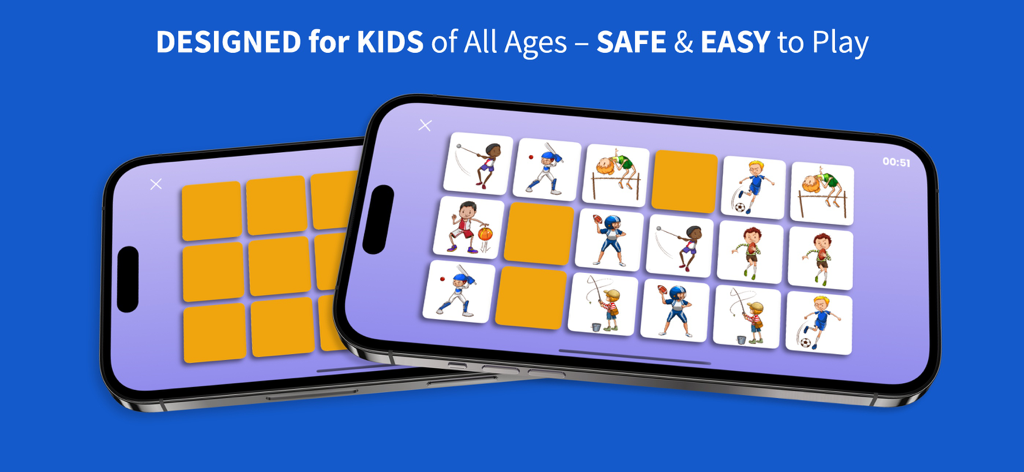 Memory Mingle - Interface do aplicativo Memory Mingle mostrando jogos de cartas de esportes para crianças.