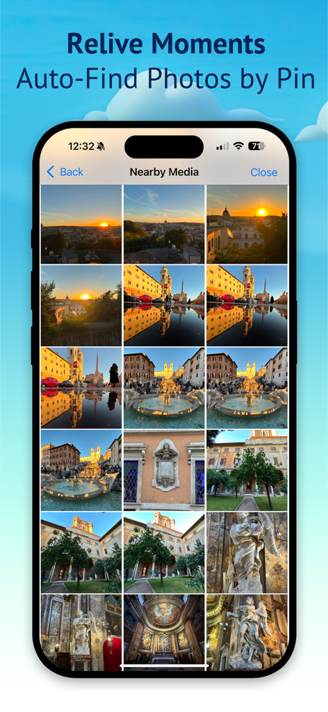My Travel Map: Trip Tracker - Eine Smartphone-Oberfläche mit einem Raster von Reisefotos, die automatisch nach Karten-Pin-Standorten organisiert sind.