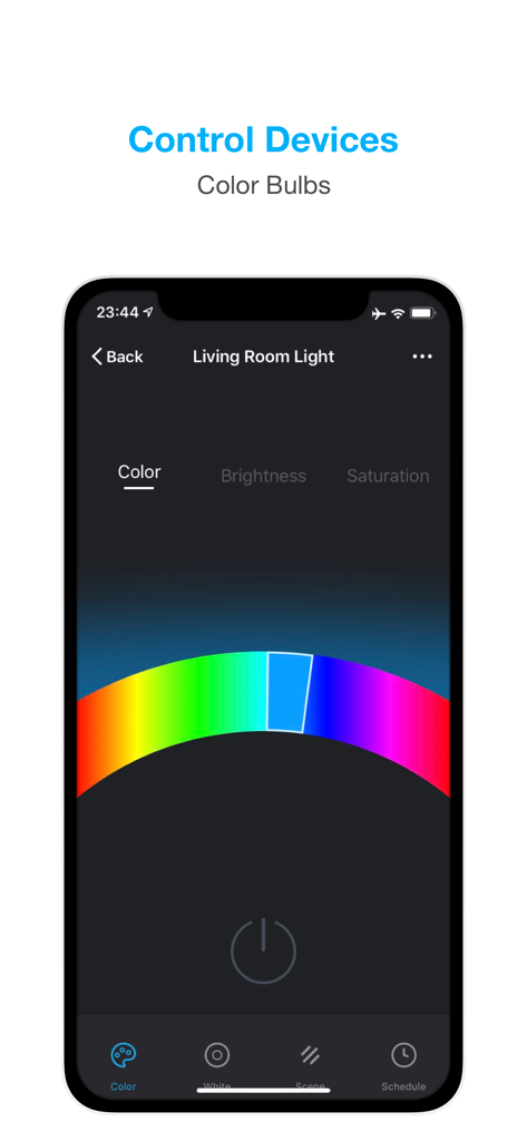 Geeni app interface showing the color selection wheel for a smart bulb in a living room.