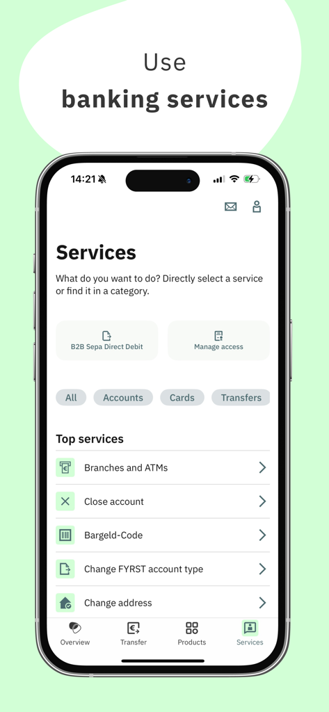 La scheda Servizi dell'app bancaria FYRST con opzioni per gestire conti e trovare sportelli automatici.