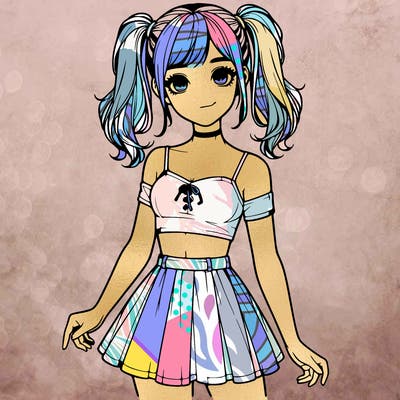 realistic girl in a skirt crop top and pigtails