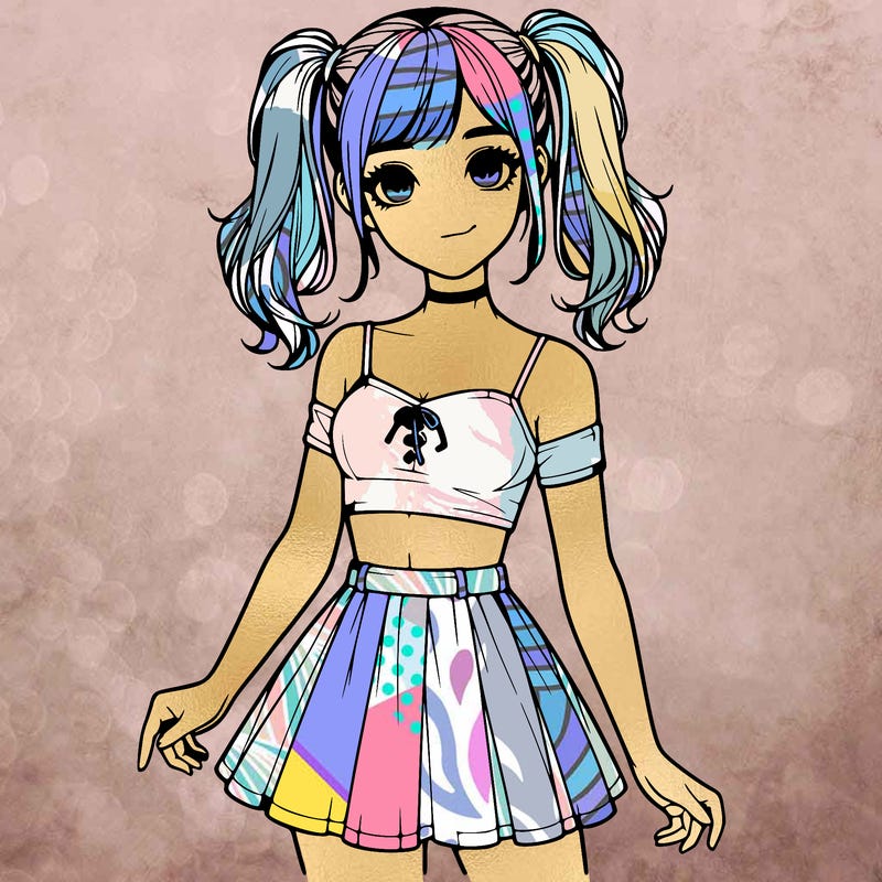 realistic girl in a skirt crop top and pigtails