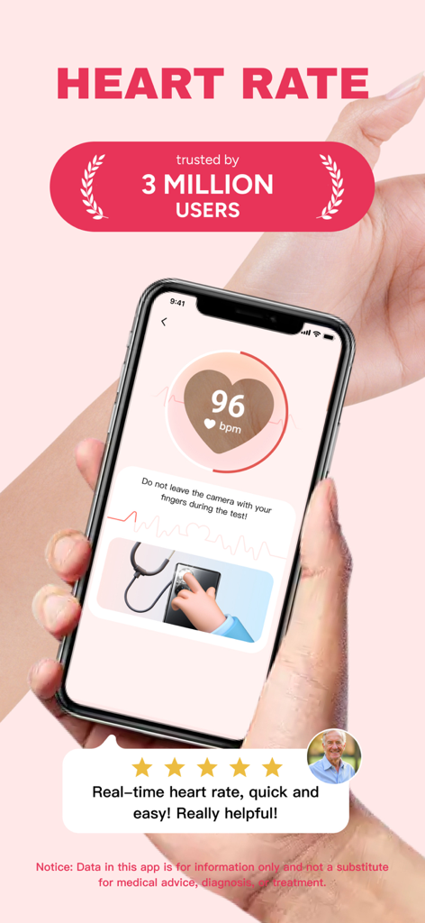 Blood Pressure APP-pulse track - La aplicación Blood Pressure Pulse Track muestra una medición de frecuencia cardíaca en tiempo real de 96 lpm en la pantalla de un iPhone con un testimonio de usuario de 5 estrellas.