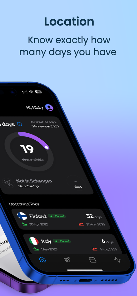 Visably app dashboard on an iPhone showing remaining Schengen days and upcoming travel plans.
