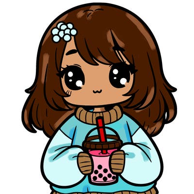 a little cute girl wearing a oversized sweater holding boba in her hand