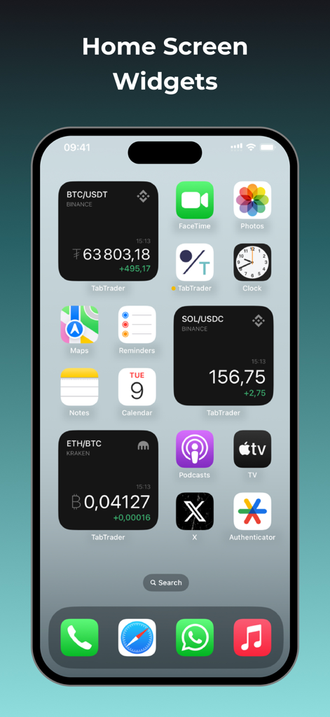TabTrader - crypto terminal - iPhone-Startbildschirm mit TabTrader Krypto-Preis-Ticker-Widgets für BTC, SOL und ETH